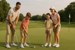 rodina hraje golf na hřišti