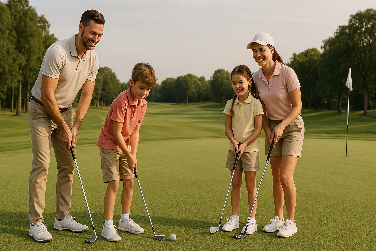 rodina hraje golf na hřišti
